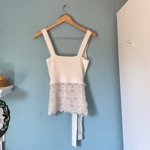valentino lace tie white ribbed sleeveless cropped blouse scallop white designer
